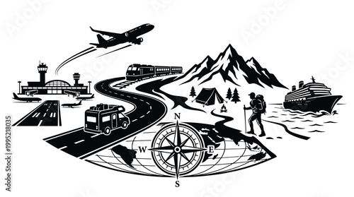 Travel  Tourism Global Adventure Monochrome Vector Illustration with Transportation Icons