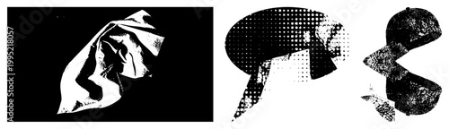Grayscale halftone graphic featuring wrinkled textile, dialogue balloon, and surreal form rasterized dot, stippled texture, screen print aesthetic.