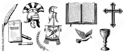 Historical including Roman helmet, gospel book,,,, laurel wreath, and banner also termed classical emblems or religious totems.
