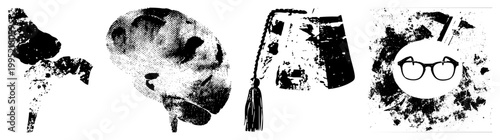 Stylized educational symbols including graduation cap, brain, glasses, and quill representing knowledge,, scholarly pursuit, academic achievement, and learning.