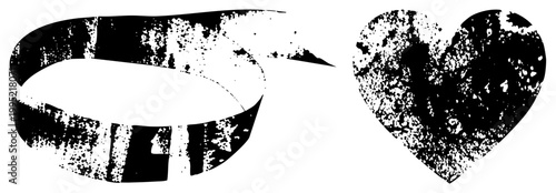 Distressed ribbon swirl and textured heart shape, weathered graphic, vintage styled vector elements for branding or print.