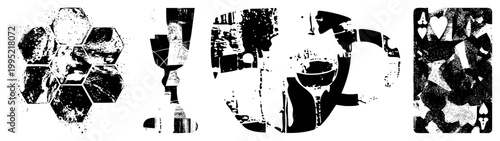 Distressed graphics with honeycomb, abstracts, ace of perfect for punk, streetwear, art. Alt names decayed vector pack, ink splatter suite.