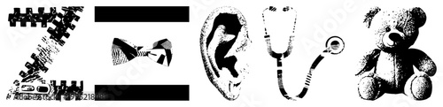 Monochromatic graphic symbols including zip fastener, neckbow, auricle, medical stethoscope, plush toy bear stylized for UI, print, or branding use.