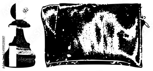 Abstract chess pawn and weathered border graphic, halftone distressed design, vector stencil art, silhouette, retro print aesthetic, screen print effect.
