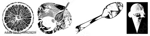 Graphic food illustrations rendered in high contrast halftone vector art citrus section, kitchen whisk, spoon utensil, ice cream scoop. Ideal for menus, packaging, or culinary branding.