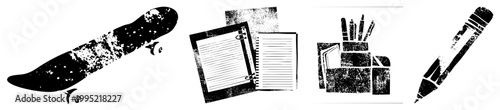 Silhouetted stationery and sports rendered in distressed vector style skater deck, spiral journal, pen holder, graphite pencil. Ideal for print design or retro branding.