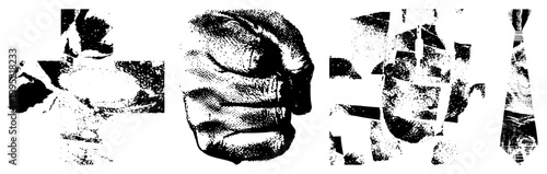 Stylized black and white halftone graphic featuring clenched fist, necktie, and fragmented geometric forms glyph like cutout art, stencil design, screen print aesthetic.