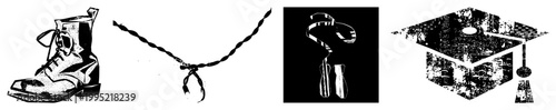 Army combat boot, knotted rope, skipping rope, mortarboard cap all rendered in halftone style for graphic design, print, or educational illustrations.