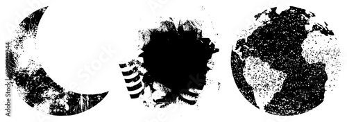 Distressed celestial including moon, globe, and abstract sphere rendered in gritty halftone texture ideal for cosmic, astrological, or vintage sci fi design themes.