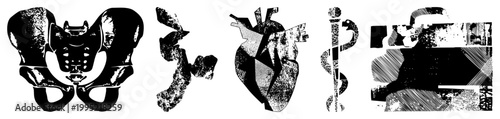 Medical illustration symbols including, femur, heart, caduceus, and abstract organ anatomical diagrams, biomedical graphics, healthcare, clinical visual aids.
