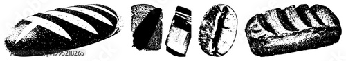 Black and white stippled bread loaf graphic, artisanal bakery, vintage engraving style, grainy texture, food illustration.
