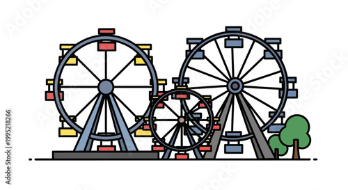 Colorful Ferris Wheels Silhouetted Against a White Background in Vector Illustration.