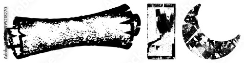 Distressed graphics torn paper, spray stencil, fragmented. Ideal for urban art, collage, experimental typography. Also called distressed silhouettes or raw print motifs.