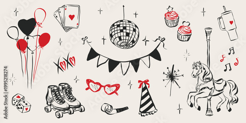 Birthday party set in hand drawn coquette style. Whimsical celebration sketch collection for girls bachelorette. Trendy art for invitation and banner for holidays. Doodle vector illustration