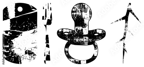 Baby soother in distressed style, infant dummy symbol with worn appearance, flat glyph design for UI or print. Alternate binky, nipple.