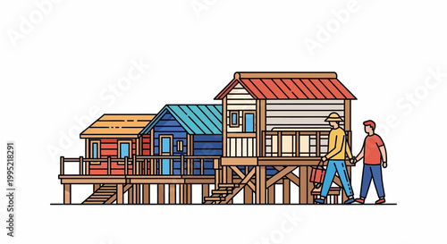 Colorful Wooden Houses on Stilts with People Walking Near Them.