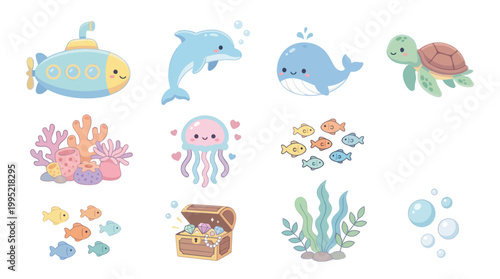 Cute Underwater Vector Icons: Submarine, Dolphin, Whale, Turtle, Jellyfish