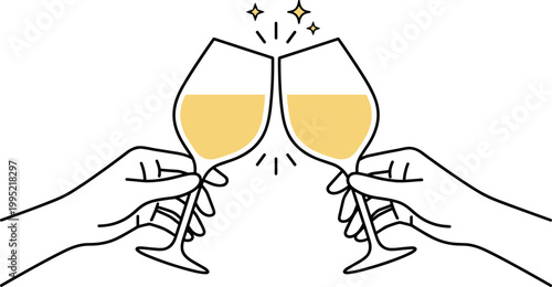 Two hands clinking wine glasses in celebration with decorative sparkles, festive holiday and event design element on transparent background