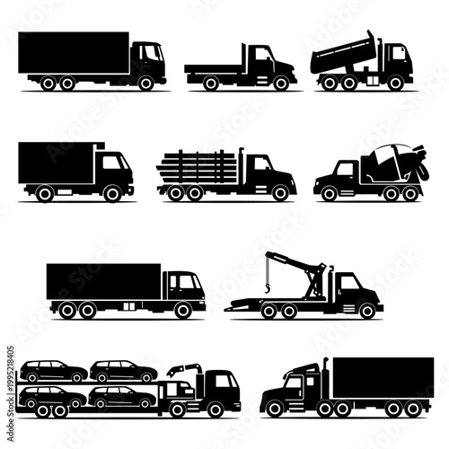 Set of Truck Silhouettes . Cargo, Delivery, Construction Vehicles Vector Collection