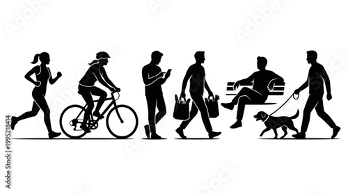 Black Silhouette Icons: People Walking, Biking, Running, Shopping, Relaxing, Dog Walking