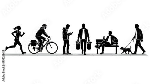 Urban Lifestyle People Silhouette Vector. Diverse Daily Activities: Running, Cycling, Shopping.