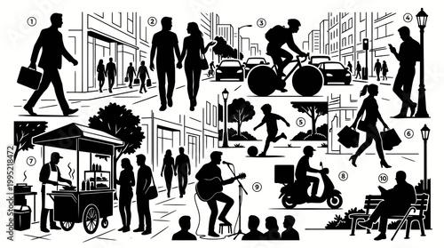 Black and White Urban Street Life Scene with People and Activities, Vector