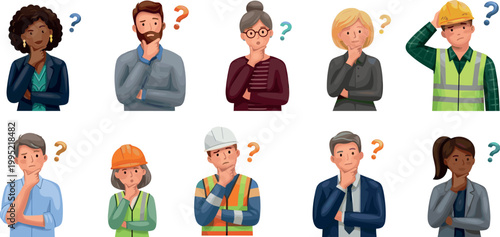 Diverse set of thinking people and professional characters with question marks, including workers and business managers, isolated on transparent background