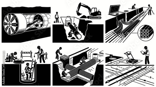 Underground Utilities Infrastructure Construction Glyph Vector Icons Set
