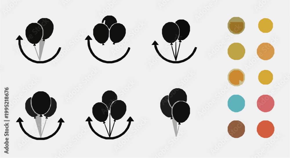 Fototapeta premium Black and colorful balloons floating with arrows showing movement directions