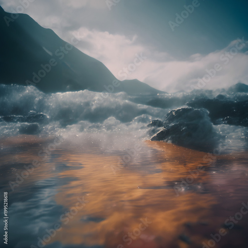 Dramatic stormy seascape with crashing waves and moody mountain background