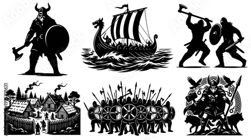 Viking Culture Monochrome Silhouette Vector Set: Warriors, Longship, Village, Mythology Icons