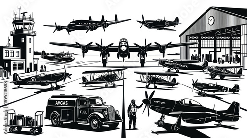 Vintage Aircraft at Airport with Control Tower and Hangar, BW Line Art