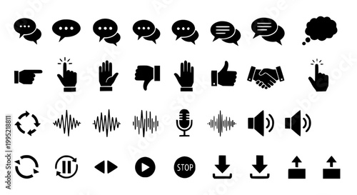 Set of modern communication and interaction icons with hand gestures and sound symbols