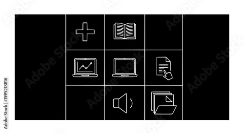 Minimalist flat icons set of six common activities on black background