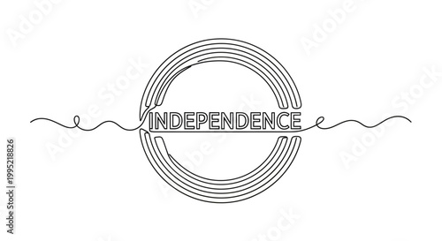 Independence word with concentric circles and wavy lines, minimalist graphic design