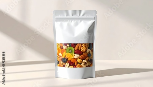 Healthy Dried Fruit and Nut Mix in a Transparent Window Pouch Packaging.