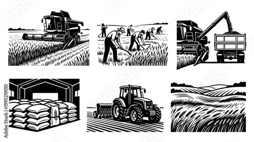 Black and White Vector Art of Farming: Combine Harvester, Farmers, Tractor, Barn, Fields