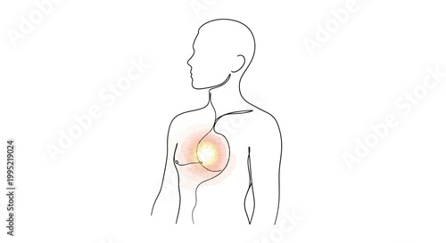 Human chest anatomy illustration with glowing heart and pain symbol