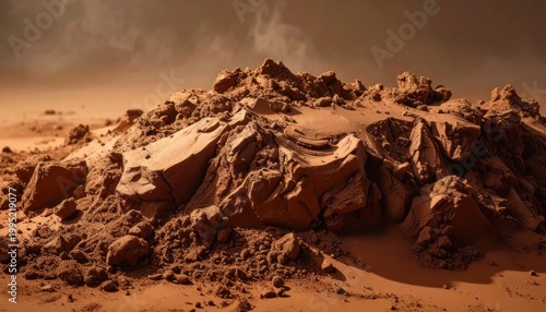 Rocky Martian Landscape with Red Dust and Hazy Atmosphere.