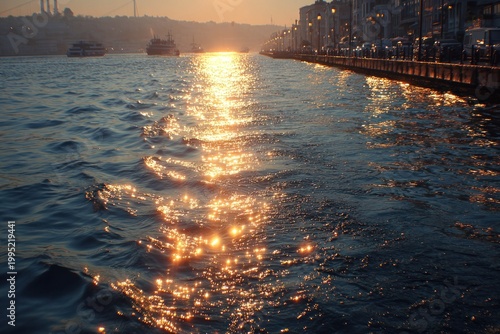 Golden Sunset Sparkles on Tranquil Waterway with Boats and Boardwalk