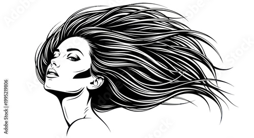 Woman's Flowing Hair, Dramatic Black and White Illustration