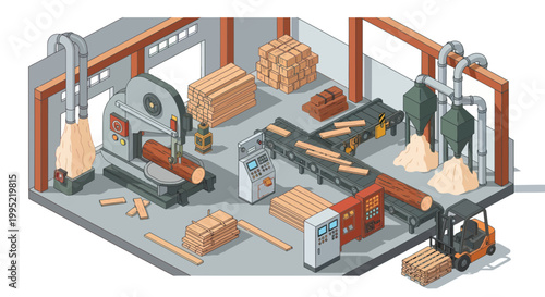 Woodworking Factory with Sawmill, Conveyor, and Forklift - Industrial Production
