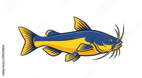 Blue and Yellow Catfish Fish Illustration Isolated on White Background