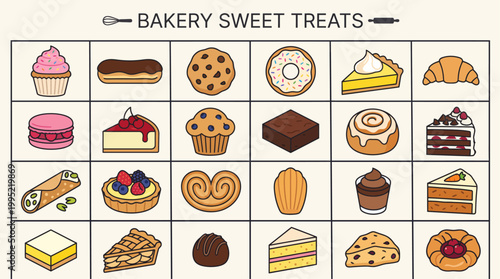 Bakery sweet treats collection featuring cakes and pastries with typography, vector illustration.