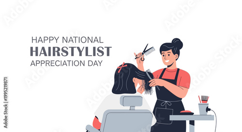 Celebrating Hairstylist Appreciation Day with an illustration of a smiling hairdresser cutting a client's hair in a modern salon, using professional tools and showcasing a beauty