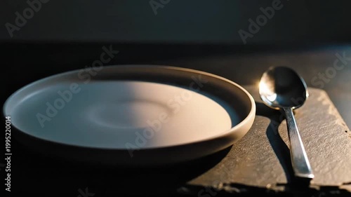 Simple Plate and Spoon on Dark Surface with Soft Lighting
