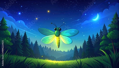 Magical Firefly Illuminating a Starry Night Forest Scene.