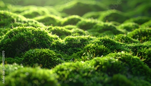 Lush Green Mossy Ground Cover with Soft Sunlight.