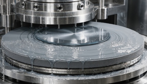 Medium shot of singleplaten CMP machinery showing detailed interaction between polishing pad and semiconductor wafer using slurry fluid for surface planarization.