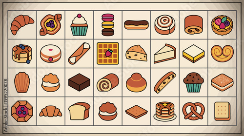 Assorted retro style sweet pastries and bakery desserts grid for cafe menu design, vector illustration.